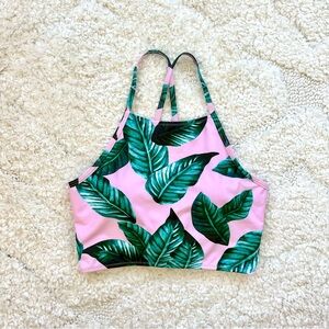 Pink and green palm print halter bikini top, size small